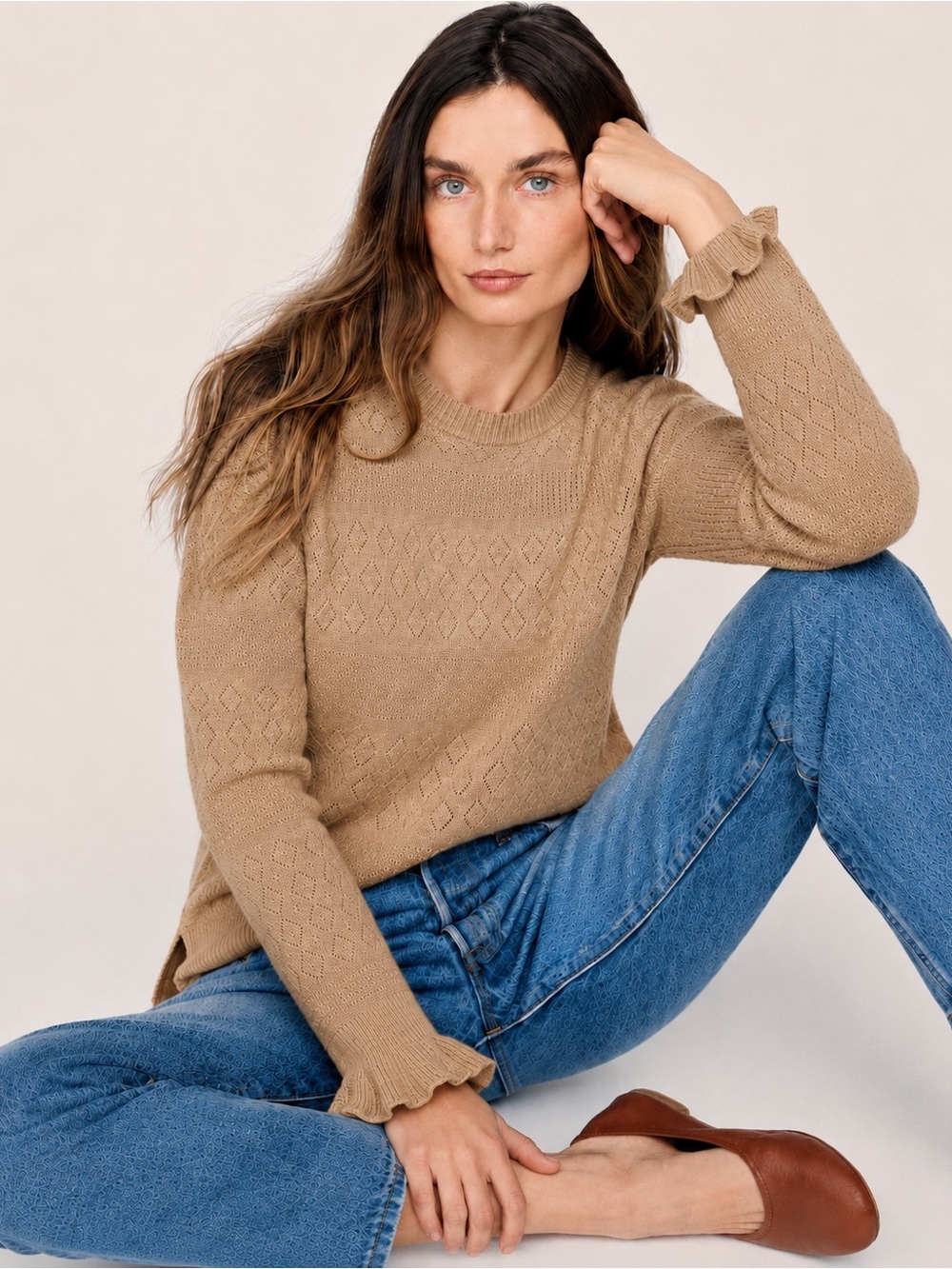 J.Crew 100% Cashmere Camel Pointelle Diamond Knit Ruffle Cuff Sweater S